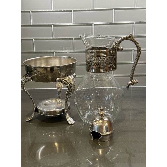 FB Rogers Glass Tea Coffee Pot Corning Carafe with Lid and Metal Warming Stand - Picture 7 of 8